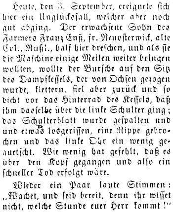 JPG Scan of
                              Mennonitische Rundschau story from Sept
                              15/1886 describing farm accident involving
                              Franz Ens Jr.